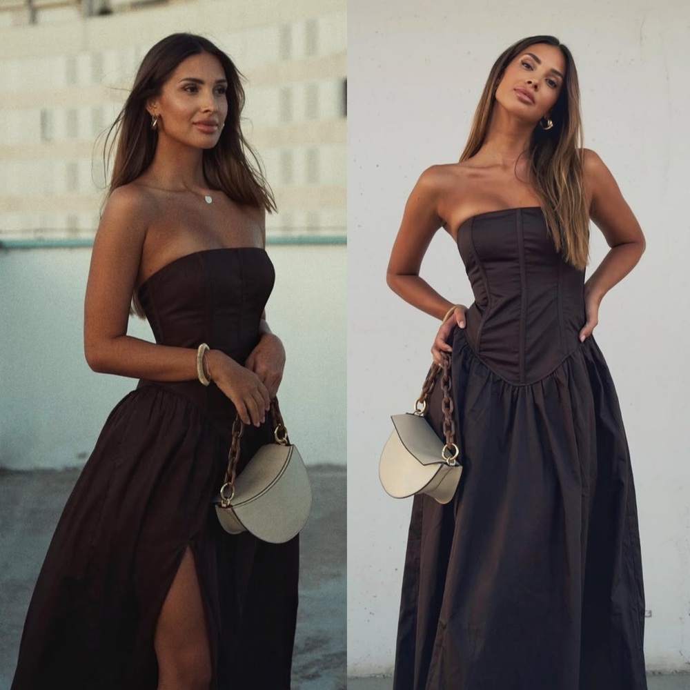 LPA Giana Strapless Boned Bodice Cotton Dress Chocolate Brown NEW with tags - Picture 8 of 13